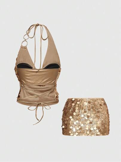 ROMWE Avant Ensemble 2 pièces vintage sexy Y2K : top court à paillettes et mini-jupe taille basse pour femmes