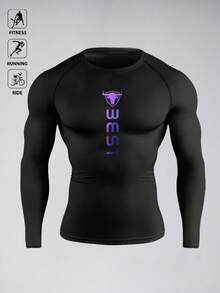 Manfinity Sport PWRUP Męska minimalistyczna koszulka sportowa z nadrukiem i okrągłym dekoltem, długim rękawem i kompresją - Czarne - Zobacz 3