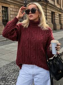 Vivie Lora Suéter de cuello alto de punto grueso de unicolor y ajuste holgado con mangas largas, para otoño/invierno, Año Nuevo - Burdeos - Ver 3