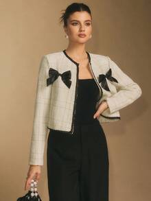 Poéselle Áo khoác nữ mùa thu tay dài dáng suông, chất liệu tweed ánh kim với nơ tương phản, áo blazer nữ, áo khoác tweed nữ, trang phục nơ Giáng sinh, áo khoác mặc cùng váy. - Đen và trắng - Xem 9