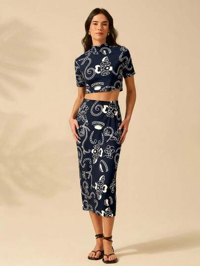 CAJUNI 2pc Women's Summer Elegant Vacation Style Allover Print Collared Fitted Cropped T-Shirt And Pencil Skirt Set, Skirt Set Women, Vacation Outfits Woman, Vacation Outfits Woman Skirt Set, Modest Two Piece Set, 2 Piece Skirt Sets Woman