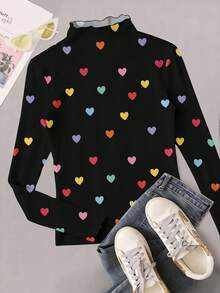 SHEIN EZwear Lässiges, süßes, bunter Herz-Muster Rüschen-Manschette & Kragen Schwarz Damen Große Größen T-Shirt, Herbst/Winter