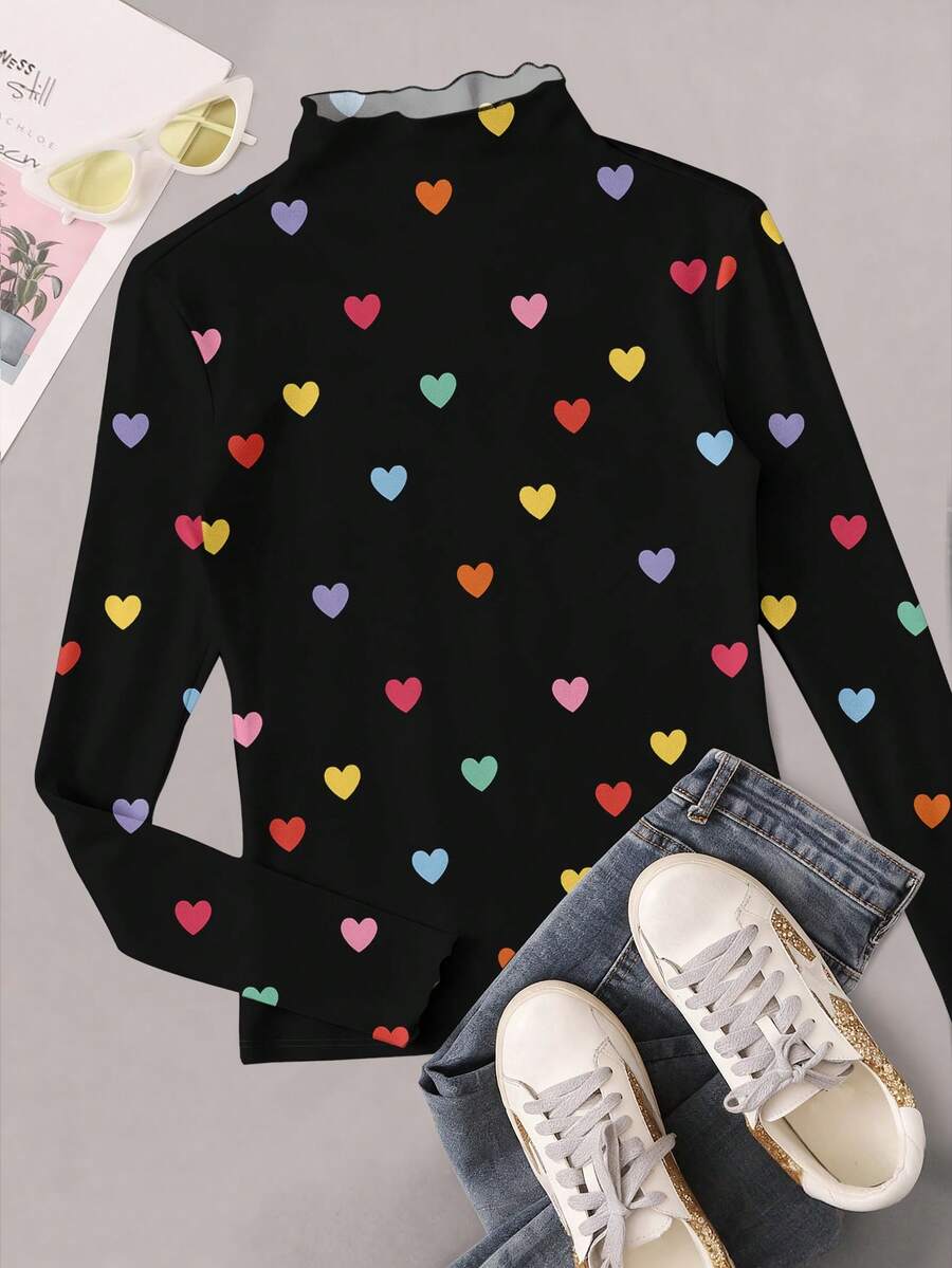 SHEIN EZwear Lässiges, süßes, bunter Herz-Muster Rüschen-Manschette & Kragen Schwarz Damen Große Größen T-Shirt, Herbst/Winter