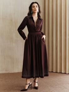 Anewsta Women's Elegant Rhinestone Embellished Long Sleeve Blouse And Waist-Cinched Skirt 2-Piece Set, Suitable For Party, New Year, Christmas - Purple - View 3