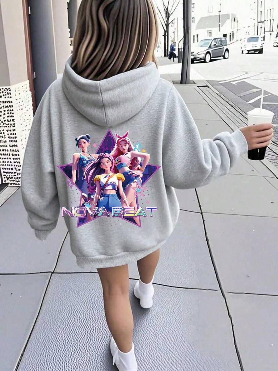 SHEIN Tween Girls' Casual Fashionable Comfortable Minimalist Versatile Creative Funny 3D Star K-POP Cartoon Girl Pattern Fleece Sweatshirt, Autumn/Winter - Grey - View 1