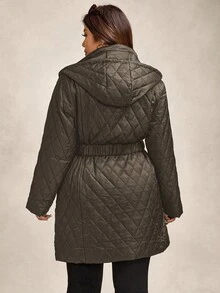 Zelara Quilted Padded Coat With Metal Belt, Plus Size Hooded Coat In Fall/Winter - Coffee Brown - View 10