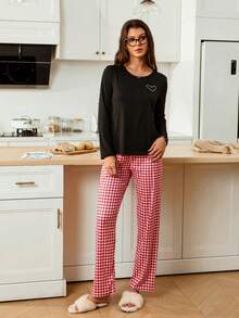 SHEIN Doze Lane Women's Casual Heart Print Top & Red Plaid Pants 2 Pieces Pajama Set, Winter Clothes - Multicolor - View 4