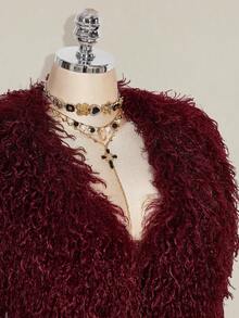 SHEIN ICON Plus Size Wine Red Faux Fur Collar Patchwork Knit Long Sleeve Bodycon Skirt Burgundy Outfit Women Maroon Outfits For Women/Winter Fringe Outfits Women