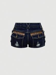 ROMWE J-Fashion Quần short denim nữ Kpop Gyaru Harajuku Midriff họa tiết da báo cổ điển cạp thấp bó sát cạp siêu thấp - Rửa tối - Xem 2