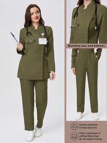 Scrubzie 两件套防皱立领长袖女士工作服套装（上衣和裤子） - 軍綠色 - 查看 1