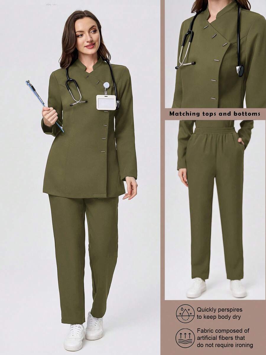 Scrubzie 两件套防皱立领长袖女士工作服套装（上衣和裤子） - 軍綠色 - 查看 1