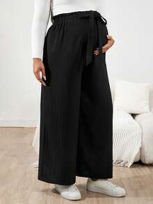 SHEIN Pantaloni casual a vita larga e gamba ampia con nodo in vita, per donne in gravidanza taglia curvy - nero - Visualizzare 4
