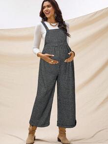 Boho Mama 孕妇休闲通勤格子印花拼接口袋连体裤 - 黑色 - 查看 4
