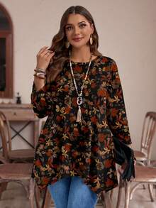 EMERY ROSE Kaos Lengan Panjang Longgar Kasual Minimalis Motif Daun Vintage, Cocok untuk Musim Gugur/Musim Dingin, Ukuran Besar - MultiWarna - View 5