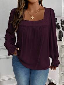 EMERY ROSE Plus Size Solid Color Square Neck Casual Pullover Long Sleeve Shirt - Purple - View 4