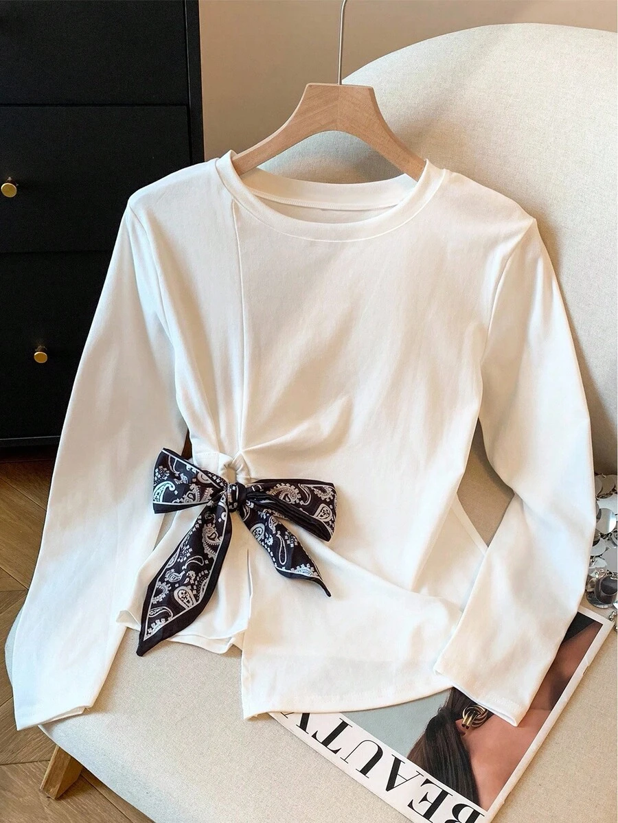 Franclia Áo thun cổ tròn tay dài họa tiết Paisley thanh lịch thoải mái thời trang thu đông mới cho nữ, thích hợp mặc khi đi làm hàng ngày, đi làm, hẹn hò, tiệc tùng, mặc trong nhà và ngoài trời - trắng - Xem 1