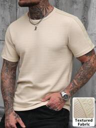 Manfinity Homme Camiseta de manga corta con cuello redondo de tela a rayas, cómoda y ajustada, con cinta a juego en los hombros, estilo casual, versátil, adecuada para uso diario, vacaciones, citas, oficina, o como regalo para amigos