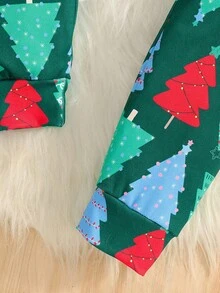 Boys' Comfortable Minimalist Christmas Tree Print Crew Neck Knit Fabric Long SleeveSnug Fitt Pajama Set - Green - View 8