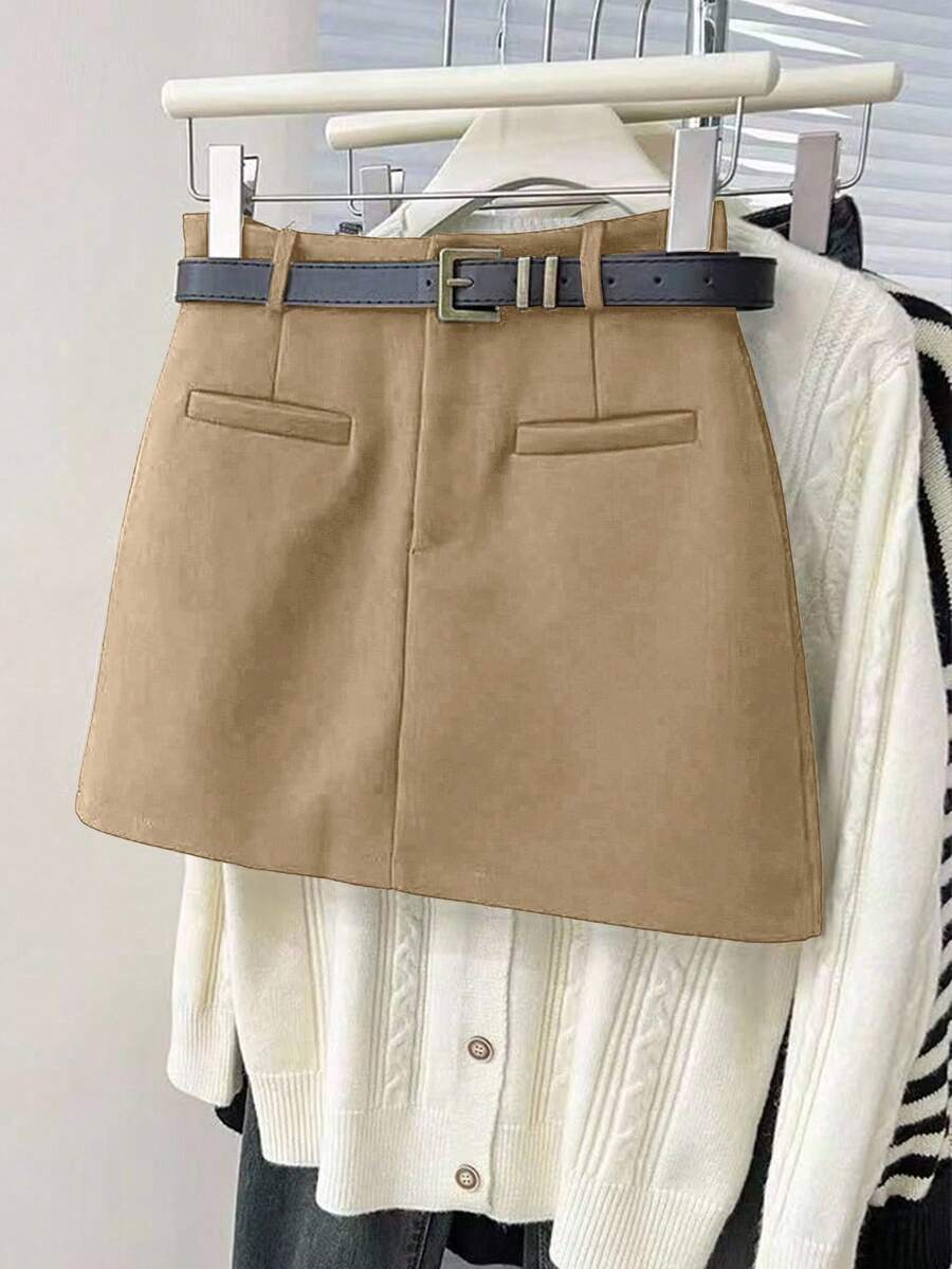 Franclia Minimalist Commuter Spring/Summer New Versatile Fashionable A-Line Waist-Flattering Fitted Niche Design Black Skirt For Women - Khaki - View 1