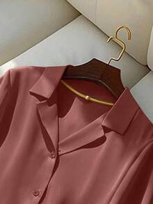 Franclia 女士休闲纯色翻领短袖衬衫，夏季 - 紅木色 - 查看 3