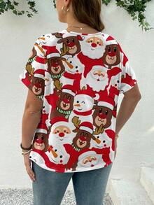 SHEIN Essnce 圣诞休闲简约圣诞老人和雪人印花宽松大码女式 V 领短袖 T 恤，夏季 - 白色 - 查看 2