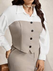 Zelara White,Autumn,Elegant,Formal Plus Size Color Block Long Sleeve Button Front Shirt And Pants 2 Pieces Set Women's Business Casual Commuter Work Attire - Black - View 7