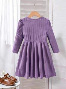 Elladie kids Robe en tricot texturé à col rond, manches raglan et taille marquée, couleur unie, style décontracté et mignon pour filles