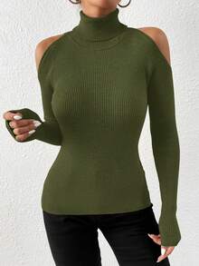 SHEIN Clasi Plus Size Winter Turtleneck Sweater,Olive Green,Autumn,Smart Casual,Date Night,Shoulder Cut-Out Design,Elegant Women Fall Basic Top For Party,Vacation - Army Green - View 6