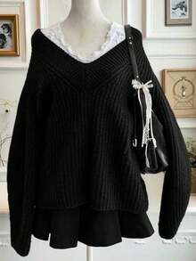 EMERY ROSE Suéter plus size 2 em 1 de manga comprida, casual, folgado, em tricô com decote em V. - Preto - Ver 1