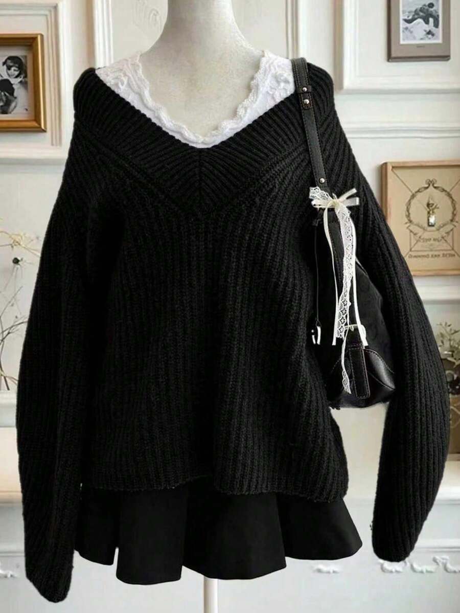 EMERY ROSE Suéter plus size 2 em 1 de manga comprida, casual, folgado, em tricô com decote em V. - Preto - Ver 1