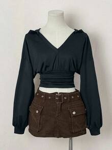 EgrlEra Áo nỉ dài tay có mũ trùm đầu thiết kế cổ chữ V, eo bó sát gợi cảm - Màu xanh hải quân - Xem 6