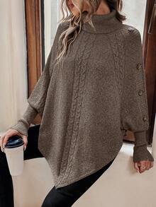 SHEIN Clasi Women's Casual High Neck Batwing Long Sleeve Button Design Loose Knit Sweater, Autumn/Winter - Coffee Brown - View 7