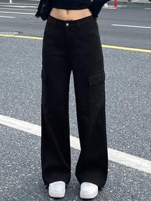 DAZY Pantaloni cargo vintage mimetici americani, vestibilità dritta e ampia, pantaloni casual lavati con tasche multiple per donne jeans - nero - Visualizzare 6