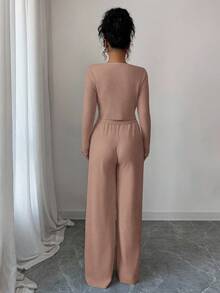 Modelyn Women's Elegant Solid Color Ribbed Knit Sweater And Wide Leg Pants 2 Pieces Set, Autumn - Dusty Pink - View 2