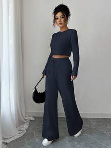 Modelyn Women's Solid Color Long Sleeve Single-Breasted Cropped Knit Cardigan And Knit Pants Elegant 2 Pieces Set, Autumn/Winter - Royal Blue - View 4