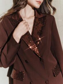 Anewsta Women's Casual Black Sequin Long Sleeve Winter Jacket, Sparkly Top, Elegant, Suitable For Christmas, New Year, Party, Winter - Coffee Brown - View 7