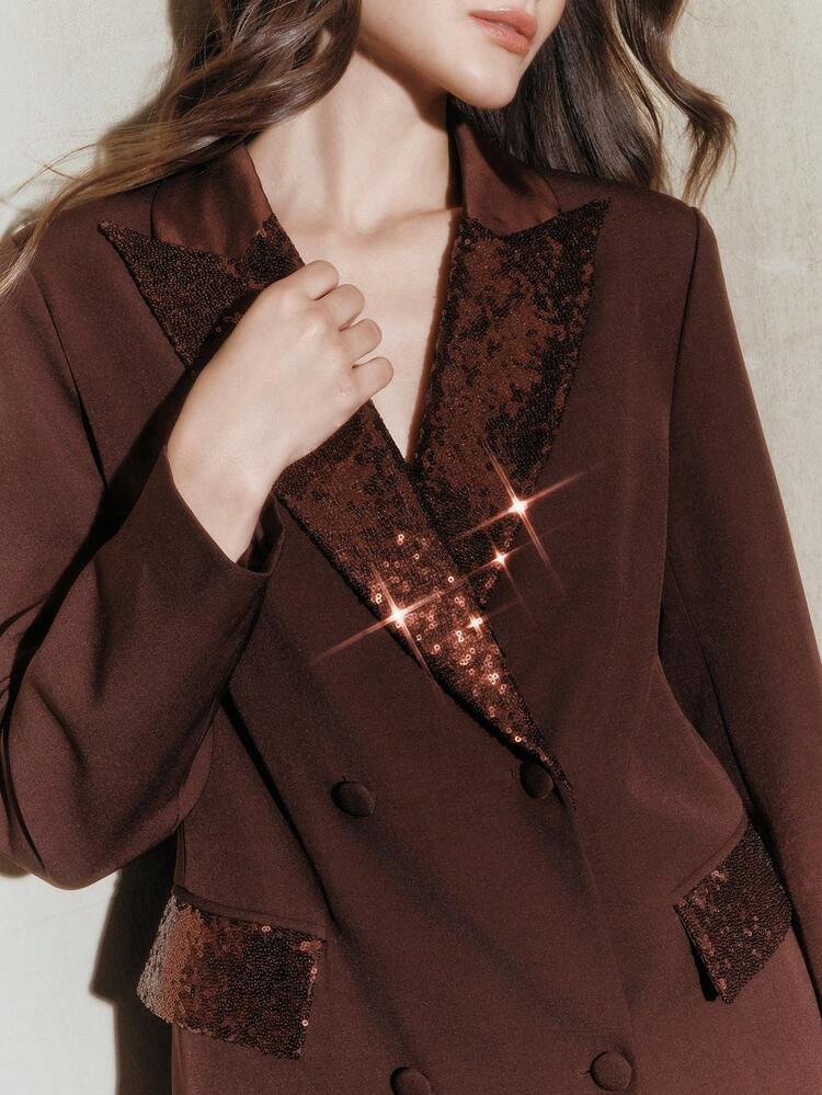 Women's Casual Black Sequin Long Sleeve Winter Jacket, Sparkly Top, Elegant, Suitable For Christmas, New Year, Party, Winter