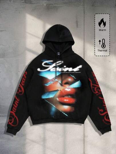 Street Life Men's Letter & Figure Print Long Sleeve Drawstring Hooded Casual Sweatshirt, Autumn/Winter