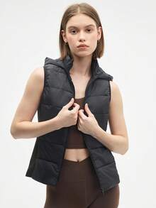 Eassivo Eassivo Women's Black Hooded Puffer Vest,Sleeveless Zipper Lightweight Jacket, Winter Warm Sports Outerwear, Casual Athleisure Layer - Black - View 2