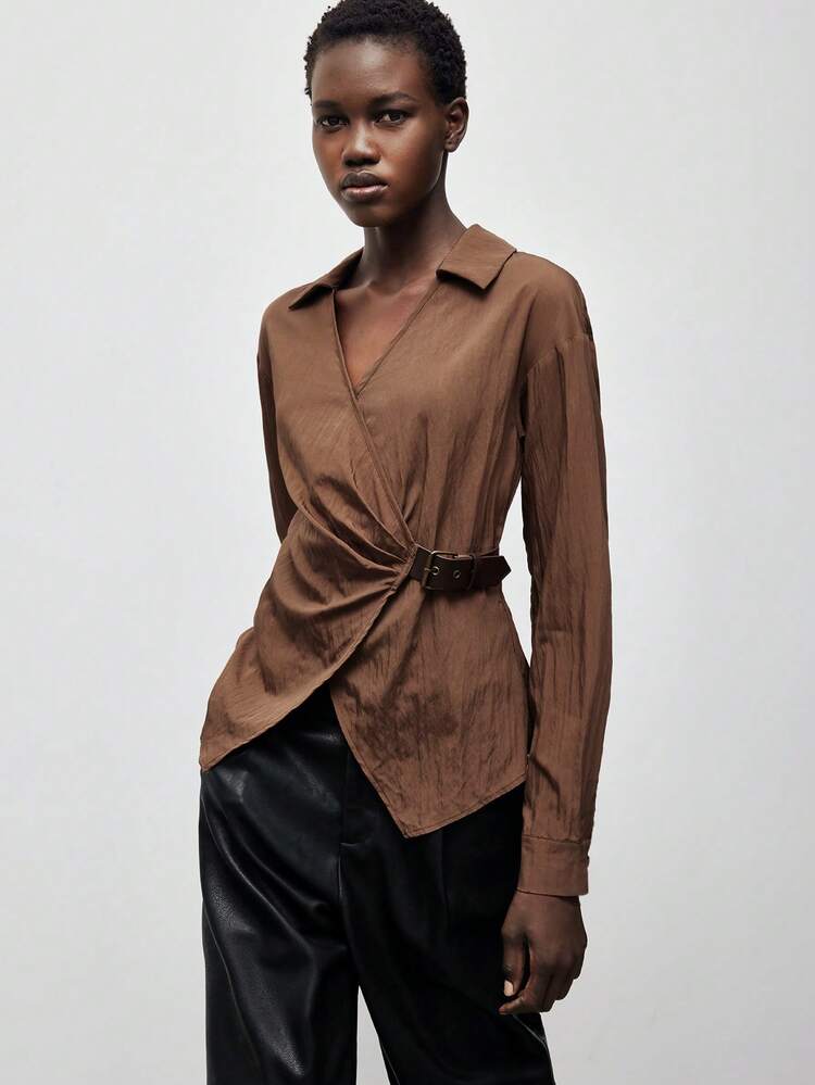 SHEIN Maija Women's Solid Color Wrap Blouse, Suitable For Commuting Brown Blouse Brown Tops Chocolate Brown Top Coffee Brown Top Earthy Tops Brown Shirt Women