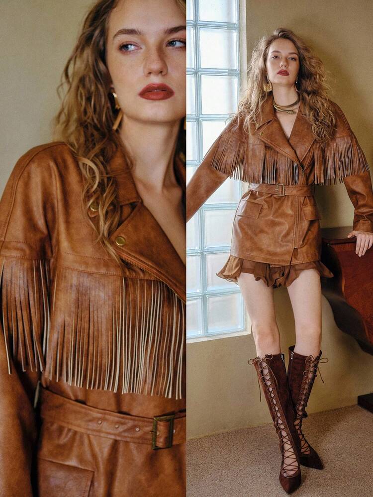 MOTF STUDIO PU LEATHER LAPEL COLLAR FRINGE DETAIL BUCKLE BELTED BIKER JACKET