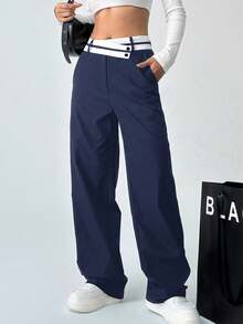 SHEIN EZwear 女性拼接色彩不對稱腰身直筒休閒褲，設有口袋 - 藏蓝色 - 查看 7