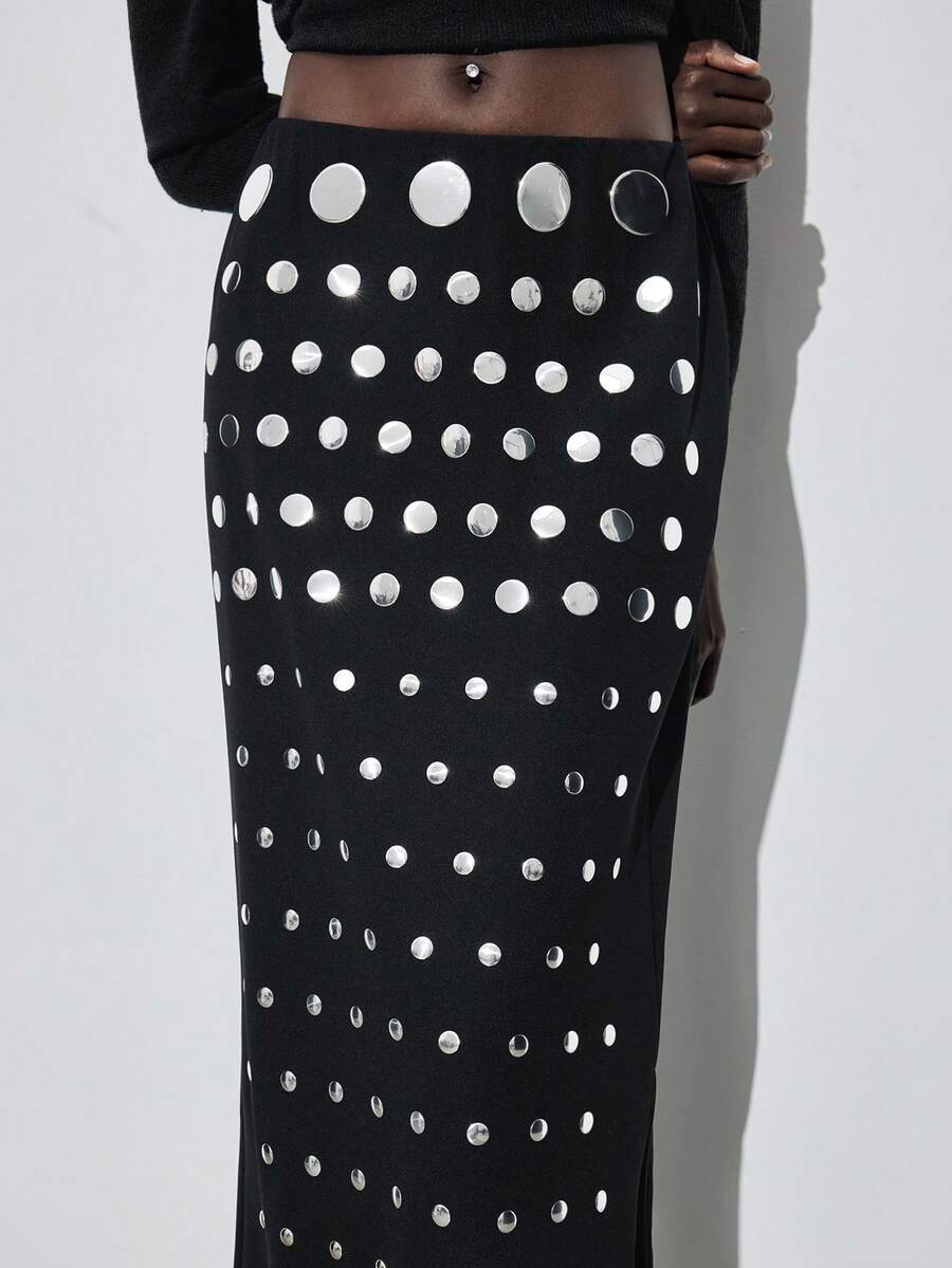 Maija 女士铆钉黑色直筒半身裙，优雅时尚，适合派对场合，简约设计，春季、圣诞节、新年、感恩节、现代都市、夏季、海滩度假、夏季外出、毕业典礼等场合。 - 黑色 - 查看 1