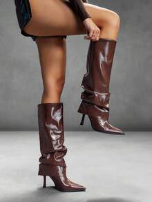 CUCCOO SZL 性感时尚褶皱筒身咖啡色尖头侧拉链女士过膝长靴 - 咖啡棕 - 查看 6