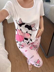 2 件套可爱奶牛印花针织短袖睡衣套装，舒适睡衣 - 彩色 - 查看 5