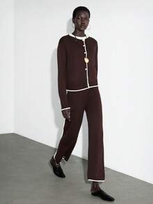 Lumivelle Women's Brown & Beige Contrast Color Round Neck Short Cardigan Paired With Wide Leg Pants - Multicolor - View 4