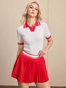 Cheerettes Contrast Striped Pleated Athletic Mini Skirt Shorts Cheerleader Skirt - Red - View 6