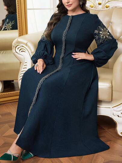 Al Najma Plus Size Women Elegant Floral Embroidery Lantern Sleeve Waist Cinched Dress, Resort Style