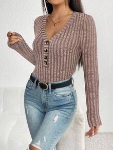 SHEIN PETITE 女款純色極簡鈕扣裝飾長袖緊身連身衣，日常穿著，適合嬌小女性 - 棕色 - 查看 4