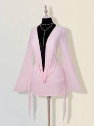 SHEIN ICON Sexy Oversized Plunging Neckline Mesh Patchwork Backless Mini Dress Pink,Dresses For Women Elegant